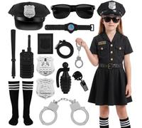 Alaoo Ensemble de costumes de police pour filles, 13 pcs Deguisement Policier Enfant avec Accessoires Police Ceinturon Casquette Police Lunettes Walkie Talkie pour Fille Halloween Carnaval