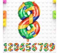 Alaoo Foil Ballons 32 Pouces, Numéro 8 Bloc Construction, Ballons Fête | Ballon Anniversaire, Ballon Bloc Construction Colorés pour Garçons Filles Anniversaire