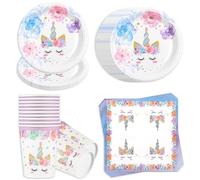 Alaoo Kit Déco Anniversaire Licorne Rose pour Fille, Lot de 52 pièces de Vaisselle de fête au Motif de Licorne, Anniversaire Licorne Decoration Fille avec Assiettes en Carton gobelets Serviettes