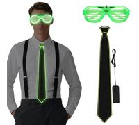 Alaoo Lot de 2 Cravate lumineuse et LED pour homme, Lunettes LED pour Fête Glowing Set pour Fête de Noël Anniversaire Carnaval Rave Soirée Disco Festival Fête Décorations,Vert