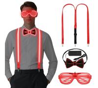 Alaoo Lot de 3 bretelles et nœud papillon lumineux à LED pour homme, Lunettes LED pour Fête Glowing Set pour Fête de Noël Anniversaire Carnaval Rave Soirée Disco Festival Fête Décorations,Rouge