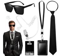 Alaoo Lot de 6 Accessoire de Costume Agent de Sécurité,Accessoires D'agent Secret pour Fête d'Halloween Cosplay avec Iunettes de Soleil,Fermeture Éclair,Cravate,Écouteur,Carte D'identité,Porte-cartes
