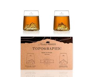 Alaskan MAKER Coffret de 2 shooters 6.5 cl - Verres Cristallin de qualité supérieure soufflés artisanalement avec les montagnes en relief | Forme Tulipe | TOPOGRAPHIC (Everest & Mont Blanc)