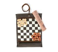 Alaskan MAKER - Jeu d'Échecs & Dames 2 en 1 - Tapis en Toile Waxée Enroulable - Pions en Bois - Lanière en Cuir Pleine Fleur - Idéal pour Voyager & Jouer Partout (Kaki)