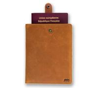 Alaskan MAKER - Protège-Passeport en Cuir Pleine Fleur - Rangement Passeport, Cartes & Documents - Protection RFID - Tirette Pull-Out Pratique - Finitions Topographic - Compact et Résistant (Cognac)
