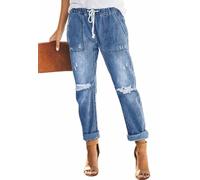 Alaster Queen Jeans Femme Jambes Larges Jeans Femme Taille Haute Stretch Bleu L