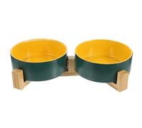 Alasum Gamelle pour Chat Céramique Bicolore avec Support Bois Surélevé Bol Double pour Nourriture et Eau Écuelle de Sol Confortable pour Chats Chiots et Petits Animaux