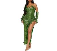 Alaurbeauty Robe maxi à paillettes pour femme - Costume de fée Poison Ivy - Sans manches - Avec gants - Cosplay - Vert armée - Taille XL