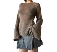 Alaurbeauty Y2k Pull en tricot Y2k Crop Top See Through Hollow Out pour femme, marron, M