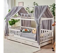 ALAVYA HOME® Ensemble de décoration pour lit Maison en 3 pièces avec 2 ciels de lit | 1 Guirlande de fanions de 300 cm de Long pour lit d'enfant | 100% Coton Muslin Biologique | Gris Métallisé