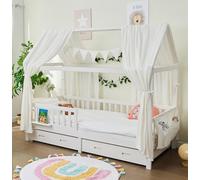 ALAVYA HOME® Ensemble de décoration pour lit Maison en 3 pièces avec 2 ciels de lit | 1 Guirlande de fanions de 300 cm de Long pour lit d'enfant | 100% Coton Muslin Biologique | Certifié GOTS | Blanc