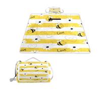 ALAZA Couverture de pique-nique rectangulaire imperméable, motif abeille, marguerite, cœur, amour, jaune et blanc, tapis d'intérieur pliable pour voyage, randonnée, camping, parc, 150 cm x 145 cm