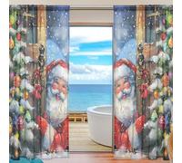 ALAZA Lot de 2 rideaux en voile transparent de 198 cm de haut, motif Père Noël derrière une porte, arbre de Noël, rideau en polyester pour fenêtre, chambre à coucher, salon, décoration d'intérieur