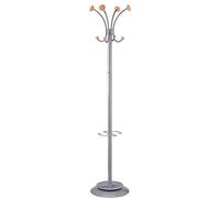 Alba - Porte Manteau sur Pied - Métal et Bois - Porte Parapluies - 4 Doubles Patères - Base Stable Lestée - Montage Facile - Gris - Idéal Bureau et Entrée Maison - PMVIENA