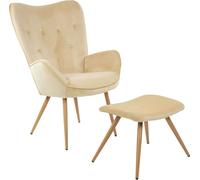 Albatros fauteuil à oreilles avec pouf YORK, housse en velours, confortablement rembourré, fauteuil de télévision, fauteuil rembourré, couleur fauteuil à oreilles:Beige