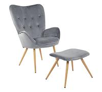 ALBATROS Fauteuil à oreilles, avec tabouret, gris - Vintage et élégant - Housse en velours - Élégant et certifié SGS - Fauteuil de lecture ou fauteuil de relaxation avec tabouret au look moderne