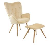 ALBATROS Fauteuil à oreilles avec tabouret York Beige - Vintage et élégant - Housse en velours - Fauteuil de lecture ou fauteuil de relaxation élégant et certifié SGS avec tabouret au look moderne