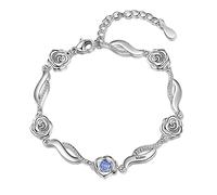 ALBERTBAND Bracelet Fleur Rose Personnalisé avec 1-5 Noms et Pierres de Naissance Simulées Bracelets à Breloques Réglables en Argent pour Femmes Femme Filles Saint Valentin Noël (1 name)