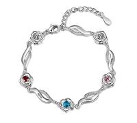 ALBERTBAND Bracelet Fleur Rose Personnalisé avec 1-5 Noms et Pierres de Naissance Simulées Bracelets à Breloques Réglables en Argent pour Femmes Femme Filles Saint Valentin Noël (3 names)