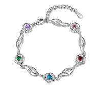 ALBERTBAND Bracelet Fleur Rose Personnalisé avec 1-5 Noms et Pierres de Naissance Simulées Bracelets à Breloques Réglables en Argent pour Femmes Femme Filles Saint Valentin Noël (5 names)