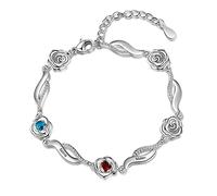 ALBERTBAND Bracelet Fleur Rose Personnalisé avec 1-5 Noms et Pierres de Naissance Simulées Bracelets à Breloques Réglables en Argent pour Femmes Femme Filles Saint Valentin Noël (2 names)