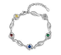 ALBERTBAND Bracelet Fleur Rose Personnalisé avec 1-5 Noms et Pierres de Naissance Simulées Bracelets à Breloques Réglables en Argent pour Femmes Femme Filles Saint Valentin Noël (4 names)