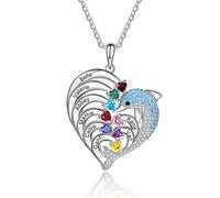 ALBERTBAND Collier Personnalisé Dauphin de Coeur avec 2-8 Noms Gravés Pendentif de Pierre pour les Femmes Collier de Promesse de Famille pour le Cadeau de Bijoux de Saint Valentin (8 noms)