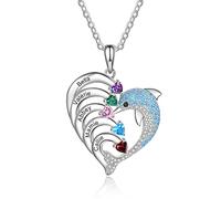 ALBERTBAND Collier Personnalisé Dauphin de Coeur avec 2-8 Noms Gravés Pendentif de Pierre pour les Femmes Collier de Promesse de Famille pour le Cadeau de Bijoux de Saint Valentin (5 noms)