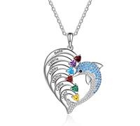 ALBERTBAND Collier Personnalisé Dauphin de Coeur avec 2-8 Noms Gravés Pendentif de Pierre pour les Femmes Collier de Promesse de Famille pour le Cadeau de Bijoux de Saint Valentin (6 noms)