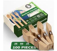 Albino Monkey Lot de 100 couverts jetables en bambou - ou réutilisables, durables pour pique-nique - 50 fourchettes, 25 cuillères et 25 couteaux - Produits de camping et fournitures de fête,