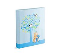Album photo de naissance 20 x 25 cm, 56 pages blanches et 4 pages personnalisables pages en carton épais et résistant entrecoupées de Pergamino, arbre de vie bleu ciel avec cœurs argentés