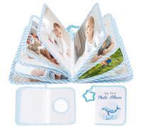 Album photo en tissu pour bébé - 17 photos de 16,5 x 11,2 cm - Avec crochets et miroir - Livre photo pour bébé - Ma première année - Pour nouveau-nés, enfants, tout-petits et comme souvenirs (bleu)