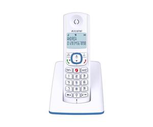 ALCATEL F530 - Téléphone Fixe Sans Fil DECT - Grand Écran Rétroéclairé - Mains Libres - Fonction Blocage Des Appels - 2 Touches De Mémoires Directes - Blanc/Bleu