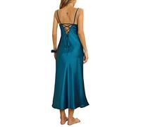 Alcea Rosea Chemise de Nuit en Satin pour Femme Sexy Col en V sans Manches et réglable Bretelles Spaghetti Cravate Vêtements de Nuit (X-Vert foncé, L)
