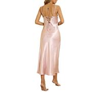 Alcea Rosea Chemise de Nuit en Satin pour Femme Sexy Col en V sans Manches et réglable Bretelles Spaghetti Cravate Vêtements de Nuit(X-Rose, L)