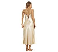 Alcea Rosea Chemise de Nuit en Satin pour Femme Sexy Col en V sans Manches et réglable Bretelles Spaghetti Cravate Vêtements de Nuit(X-Champagne, S)