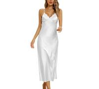 Alcea Rosea Chemise de Nuit Femme Satin Dentelle Pyjama Sexy à Col en V Robe de Chambre Longue sans Manches pour Femme Elégante (Blanc, XXXL)
