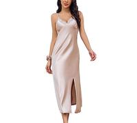 Alcea Rosea Chemise de Nuit Femme Satin Dentelle Pyjama Sexy à Col en V Robe de Chambre Longue sans Manches pour Femme Elégante (Thé au Lait, XXL)
