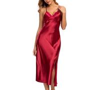 Alcea Rosea Chemise de Nuit Femme Satin Dentelle Pyjama Sexy à Col en V Robe de Chambre Longue sans Manches pour Femme Elégante(Rouge Vineux, S)