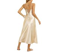 Alcea Rosea Chemise de Nuit Femme Satin Dentelle Pyjama Sexy à Col en V Vêtements de Nuit Longue sans Manches Bretelles croisées au Dos et Ajustables pour Femme Elégante (X-Champagne, XXXL)