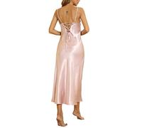 Alcea Rosea Chemise de Nuit Femme Satin Dentelle Pyjama Sexy à Col en V Vêtements de Nuit Longue sans Manches Bretelles croisées au Dos et Ajustables pour Femme Elégante (X-Rose, XL)
