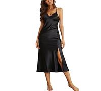Alcea Rosea Femme Chemise de Nuit en Satin Dentelle Lingerie sans Manches avec décolleté en V Nuit Sexy Dos Nu Slip Silk Negligee S-XXXL (Satin Noir, M)