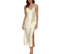 Alcea Rosea Femme Chemise de Nuit en Satin Dentelle Lingerie sans Manches avec décolleté en V Nuit Sexy Dos Nu Slip Silk Negligee S-XXXL(Champagne, M)