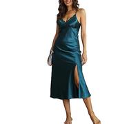 Alcea Rosea Femme Chemise de Nuit en Satin Dentelle Lingerie sans Manches avec décolleté en V Nuit Sexy Dos Nu Slip Silk Negligee S-XXXL (Vert Noir, XXL)