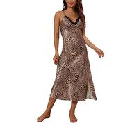 Alcea Rosea Femme Chemise de Nuit en Satin Dentelle sans Manches Lingerie avec décolleté en V Vêtements de Nuit Sexy Dos Nu Slip Silk Négligé S-XXXL(Satin imprimé léopard, XXL)