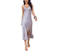 Alcea Rosea Femme Nuisette en Satin Dentelle sans Manches Décolleté en V Nuit Sexy Dos Nu Slip Silk Négligé S-XXXL(Gris Charbon, M)