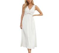 Alcea Rosea Femme Satin Chemise de Nuit Longue Dentelle Nuisettes Sexy Négligé sans Manches Elégant S-XXXL (Blanc, L)