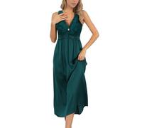 Alcea Rosea Femme Satin Chemise de Nuit Longue Dentelle Nuit Sexy Robe Elégante sans Manches Loisirs S-XXXL (Vert Foncé, L)