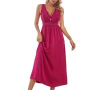 Alcea Rosea Femme Satin Chemise de Nuit Longue Dentelle Nuit Sexy Robe Elégante sans Manches Loisirs S-XXXL (Rose Rouge, XL)