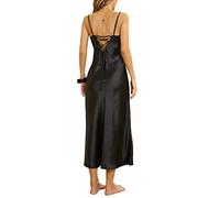 Alcea Rosea Femme Satin Chemise de Nuit Sexy Col en V sans Manches et Réglable Spaghetti Bretelles Cravate Nuit(X-Noir, M)